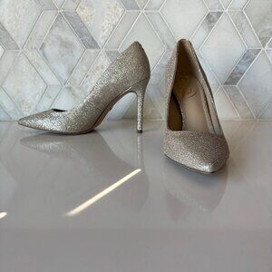 Sam Edelman Sz 8M Sparkly Glitter Pointed Toe 100mm Stiletto Heel Hazel Silver